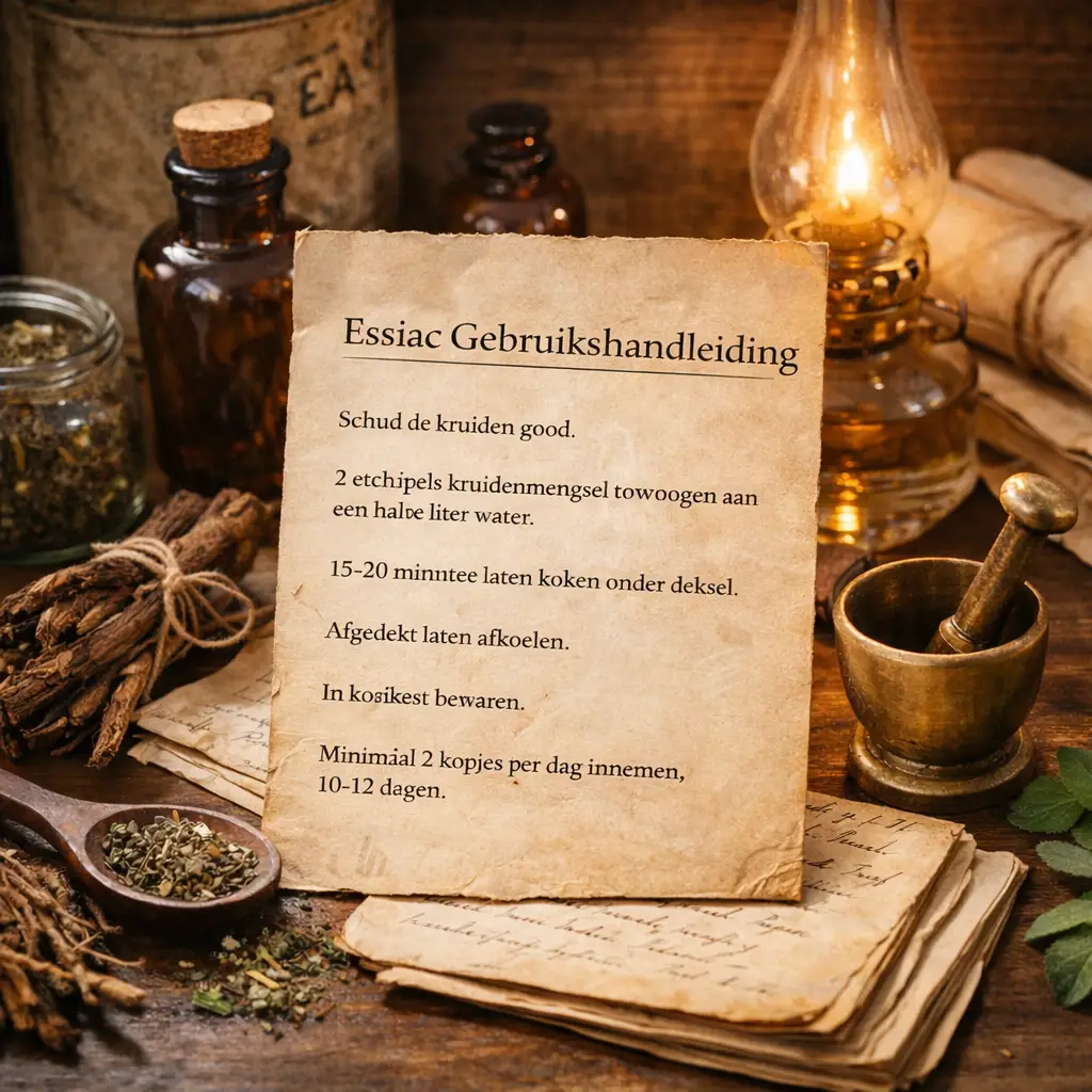 Essiac thee gebruiksaanwijzing met traditionele bereidingswijze en originele kruiden.