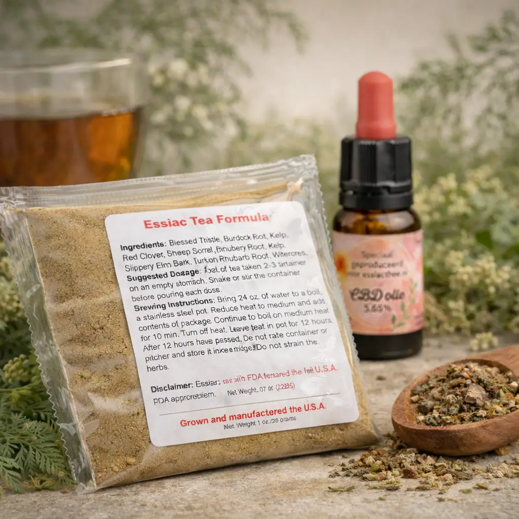 .Ontgiften met Essiac thee en CBD olie 5,65% in natuurlijke sfeer.