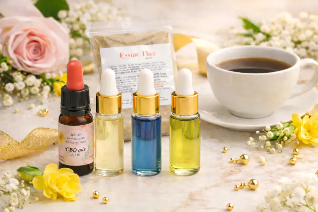 Luxe wellness cadeau met Essiac thee, CBD olie en etherische oliën in natuurlijke setting voor ontspanning en balans.