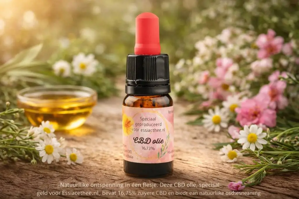 Flesje CBD olie van essiacthee.nl met rode pipet op lichte achtergrond