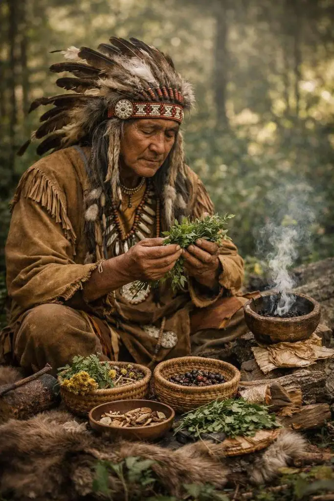Sjamaan die geneeskrachtige kruiden verzamelt in het bos als symbool voor traditionele kruidengeneeskunde