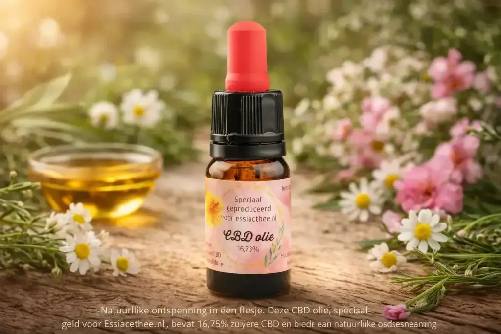 Flesje CBD olie van essiacthee.nl met rode pipet op lichte achtergrond