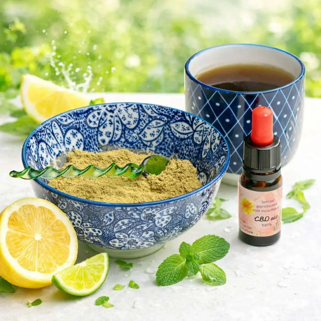 Essiac-thee kruidenpoeder met kop thee en CBD-olie als onderdeel van een natuurlijke detox