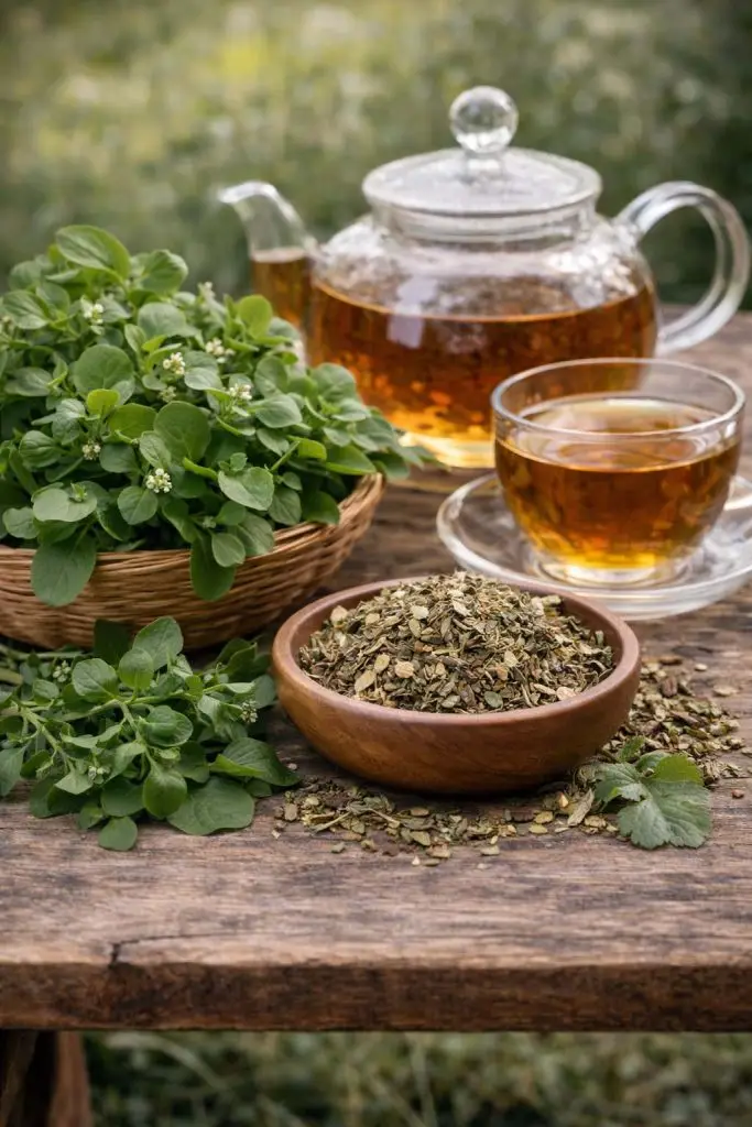 Waterkers kruid met Essiac thee en gedroogde Essiac kruiden op houten tafel