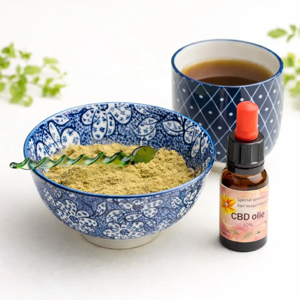 Essiac thee met CBD olie flesje natuurlijke combinatie