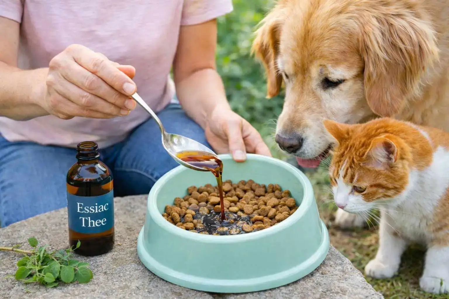 Essiac thee gemengd door hondenvoer met hond en kat die toekijken