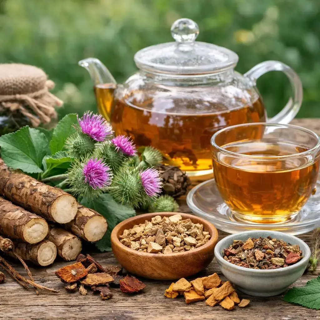 Grote klis wortel onderdeel van Essiac 8 kruiden formule